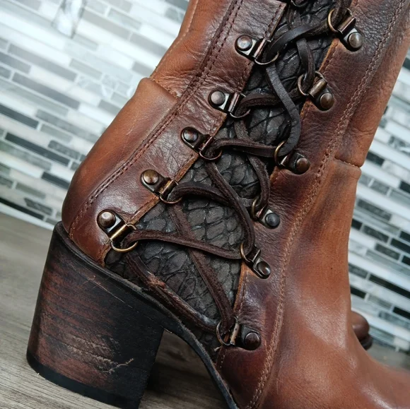 Freebird Wyatt 8M Cognac Brown Leather Knee-High Lace Up Granny Boots Rare New - Picture 4 of 16